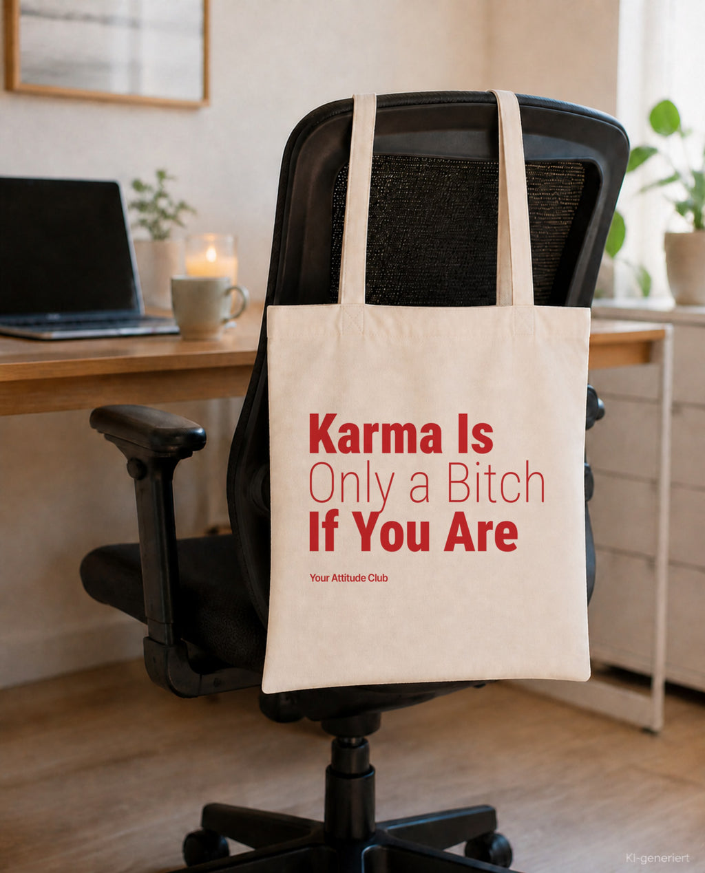 Karma Is Only a Bitch If You Are – Stoffbeutel mit Spruch natur mit rotem Aufdruck, am Bürostuhl im Büro