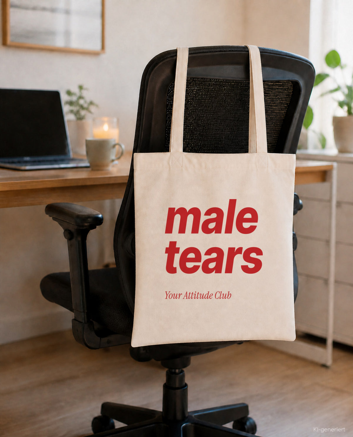 Male Tears – Stoffbeutel mit Spruch natur mit rotem Aufdruck, am Bürostuhl im Büro