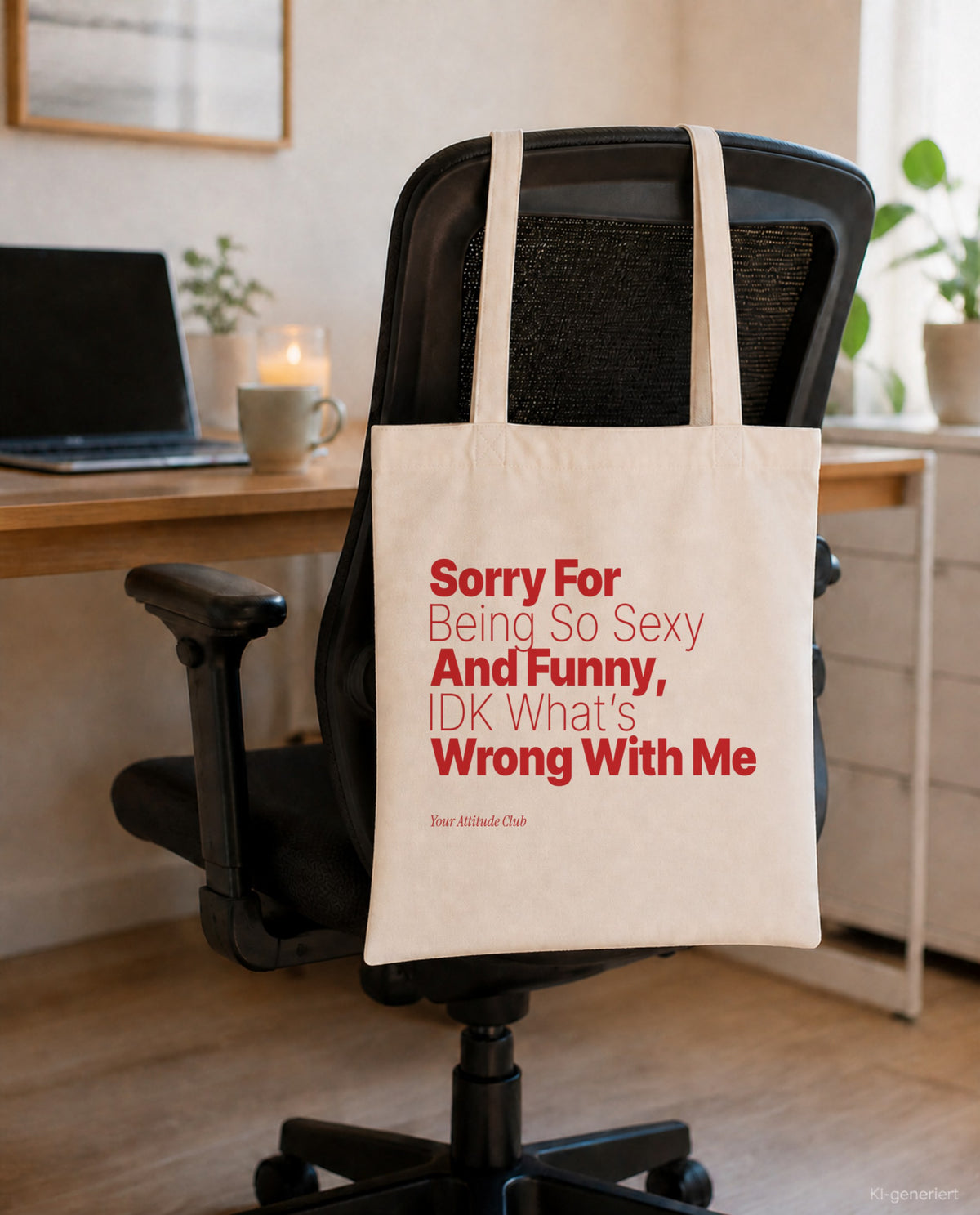 Sorry For Being So Sexy And Funny, IDK What’s Wrong With Me – Stoffbeutel mit Spruch natur mit rotem Aufdruck, am Bürostuhl im Büro
