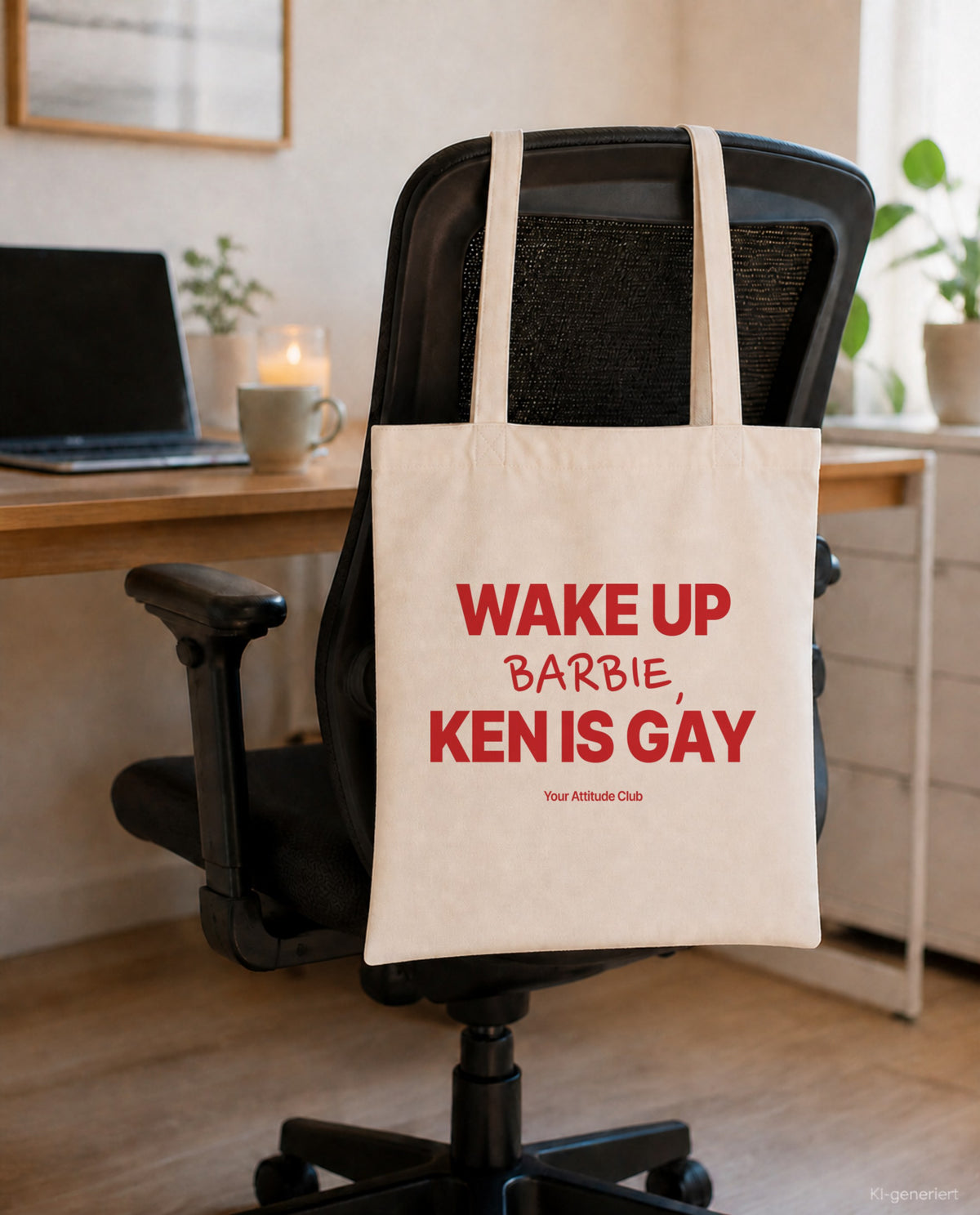 Wake Up Barbie, Ken Is Gay – Stoffbeutel mit Spruch natur mit rotem Aufdruck, am Bürostuhl im Büro