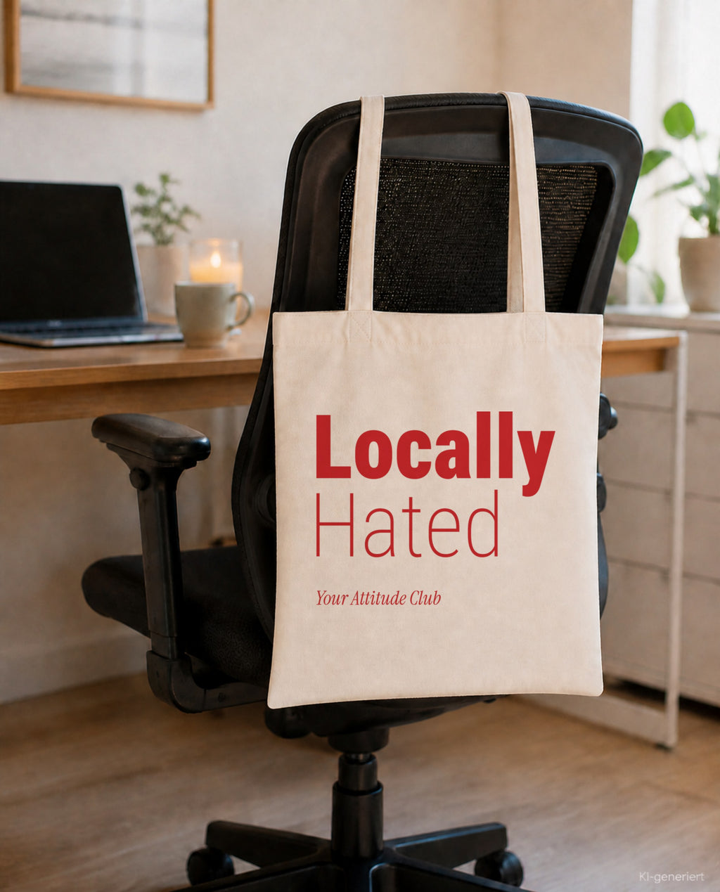 Locally Hated – Stoffbeutel mit Spruch natur mit rotem Aufdruck, am Bürostuhl im Büro