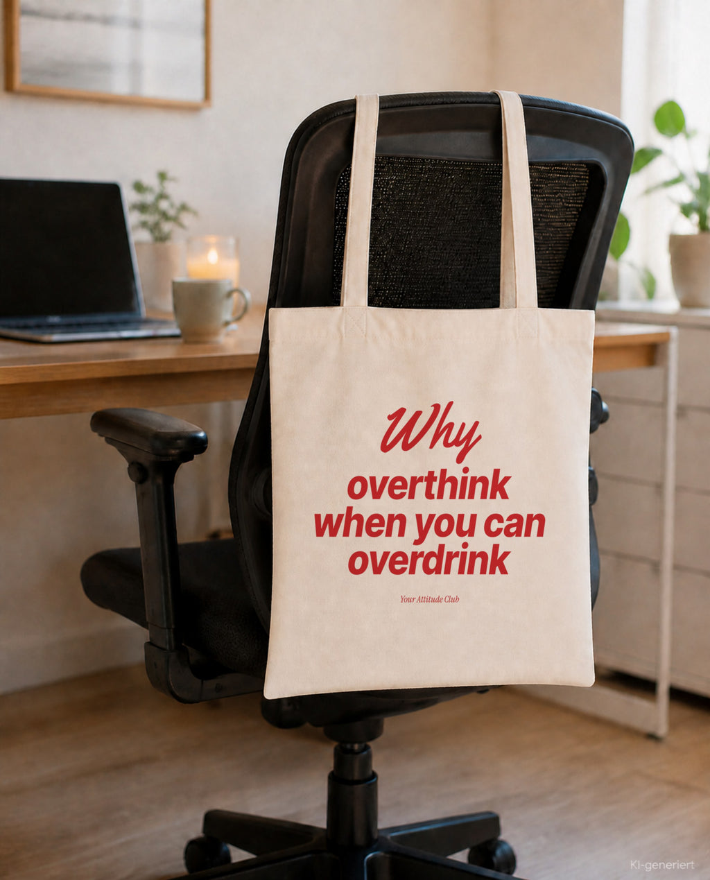 Why Overthink When You Can Overdrink – Stoffbeutel mit Spruch natur mit rotem Aufdruck, am Bürostuhl im Büro
