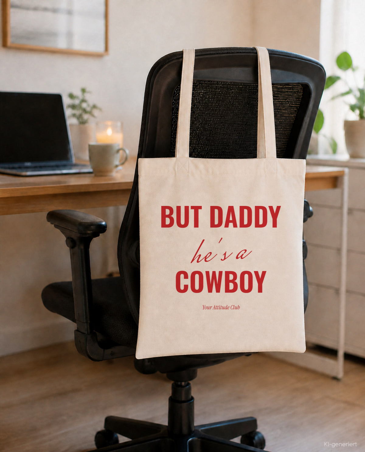 But Daddy he's a cowboy – Stoffbeutel mit Spruch natur mit rotem Aufdruck, am Bürostuhl im Büro