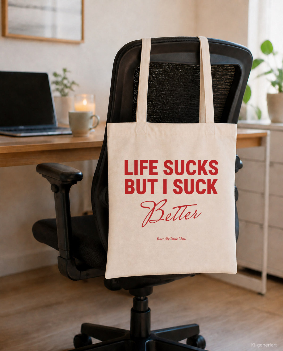 Life Sucks But I Suck Better – Stoffbeutel mit Spruch natur mit rotem Aufdruck, am Bürostuhl im Büro