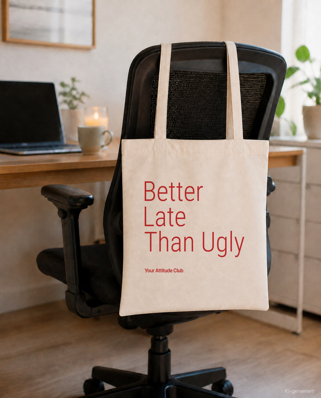 Better Late Than Ugly – Stoffbeutel mit Spruch natur mit rotem Aufdruck, am Bürostuhl im Büro