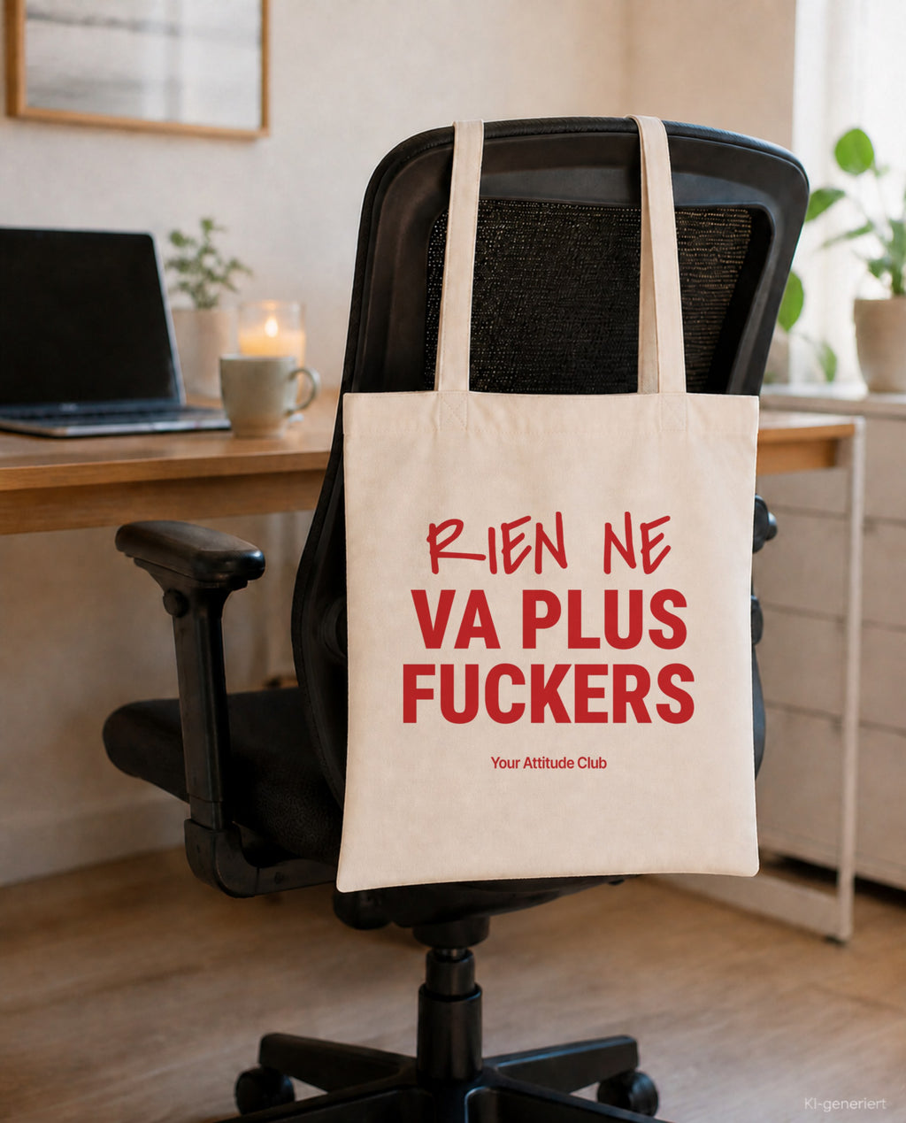 Rien Ne Va Plus Fuckers – Stoffbeutel mit Spruch natur mit rotem Aufdruck, am Bürostuhl im Büro
