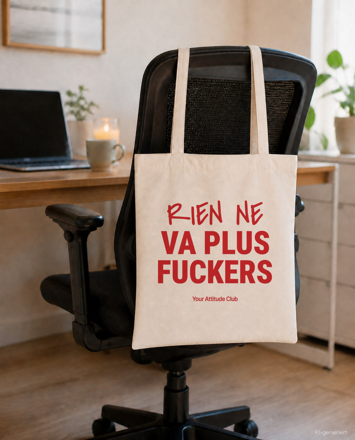 Rien Ne Va Plus Fuckers – Stoffbeutel mit Spruch natur mit rotem Aufdruck, am Bürostuhl im Büro