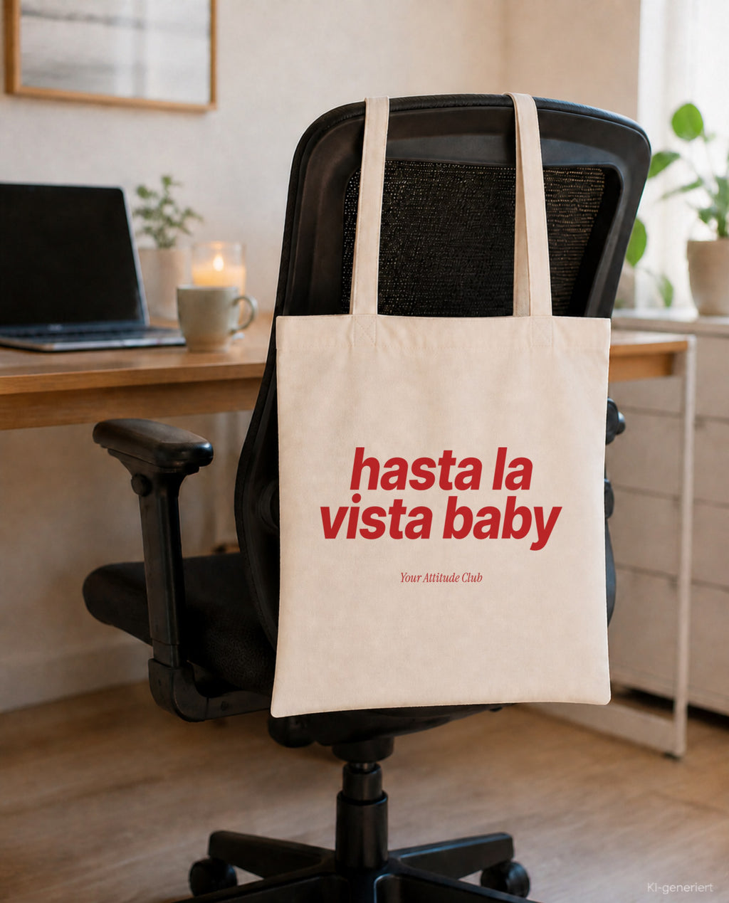Hasta La Vista Baby – Stoffbeutel mit Spruch natur mit rotem Aufdruck, am Bürostuhl im Büro