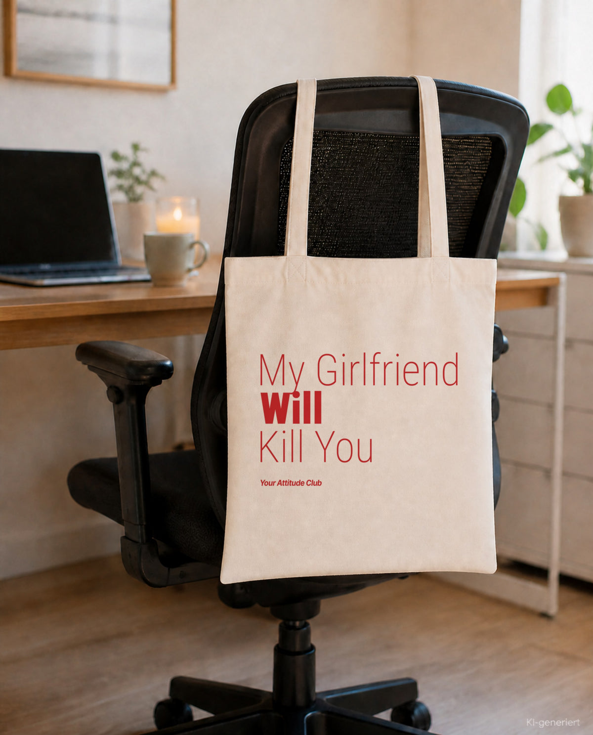 My Girlfriend Will Kill You – Stoffbeutel mit Spruch natur mit rotem Aufdruck, am Bürostuhl im Büro