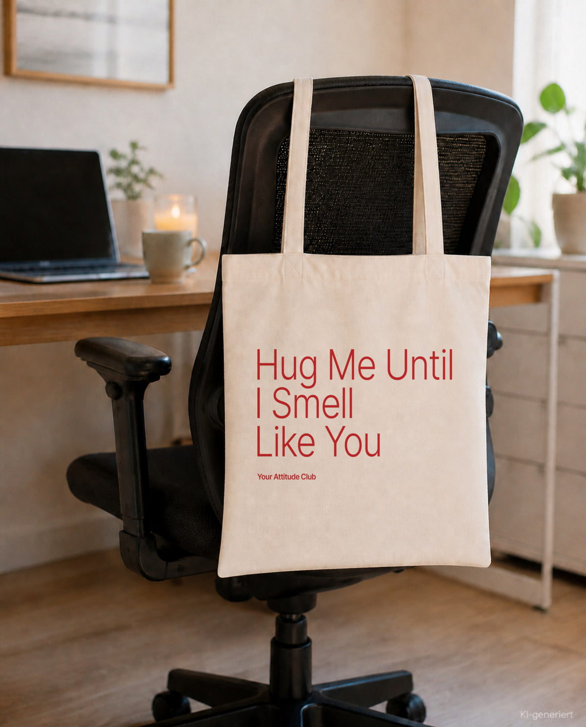 Hug Me Until I Smell Like You – Stoffbeutel mit Spruch natur mit rotem Aufdruck, am Bürostuhl im Büro