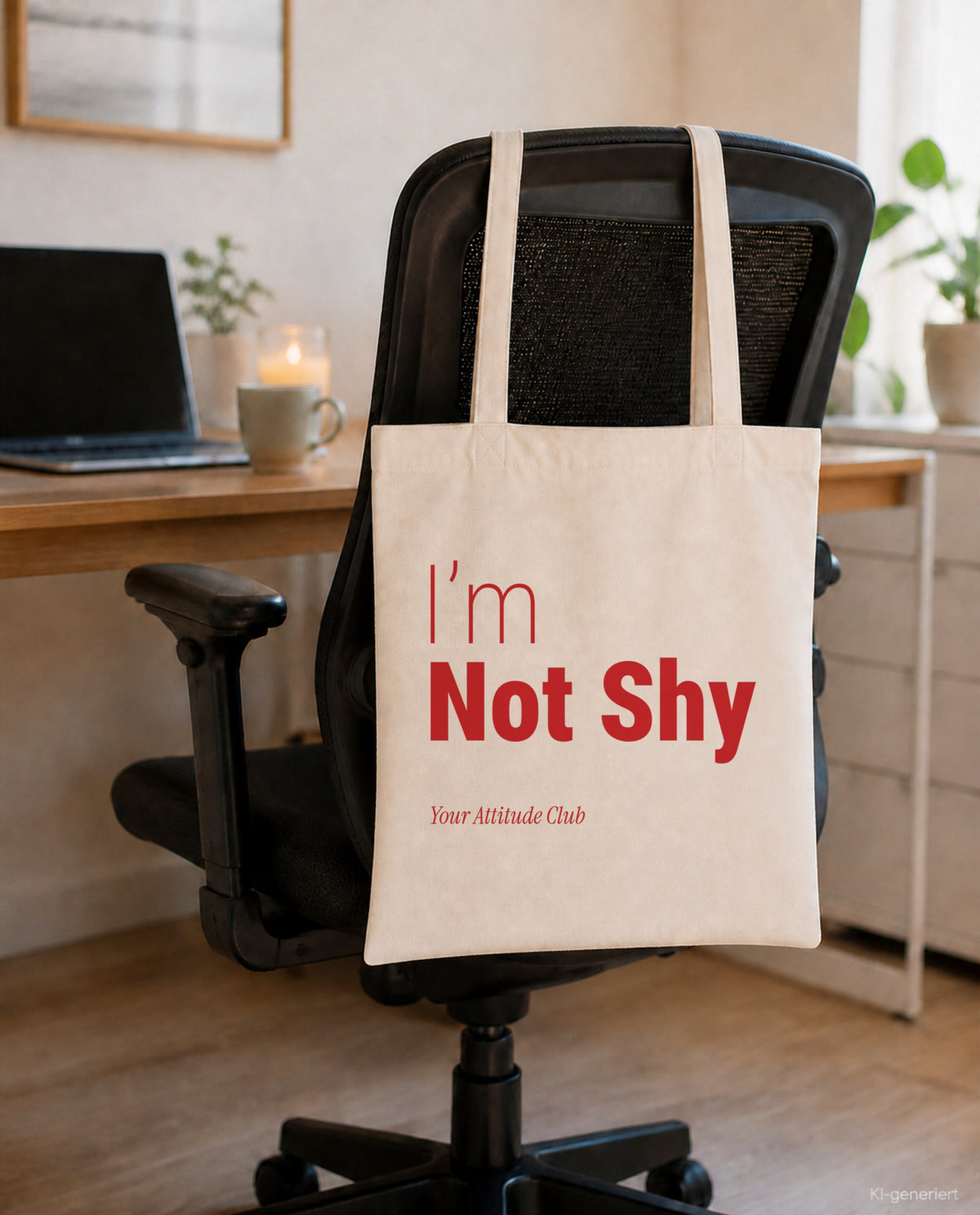 I’m Not Shy – Stoffbeutel mit Spruch natur mit rotem Aufdruck, am Bürostuhl im Büro