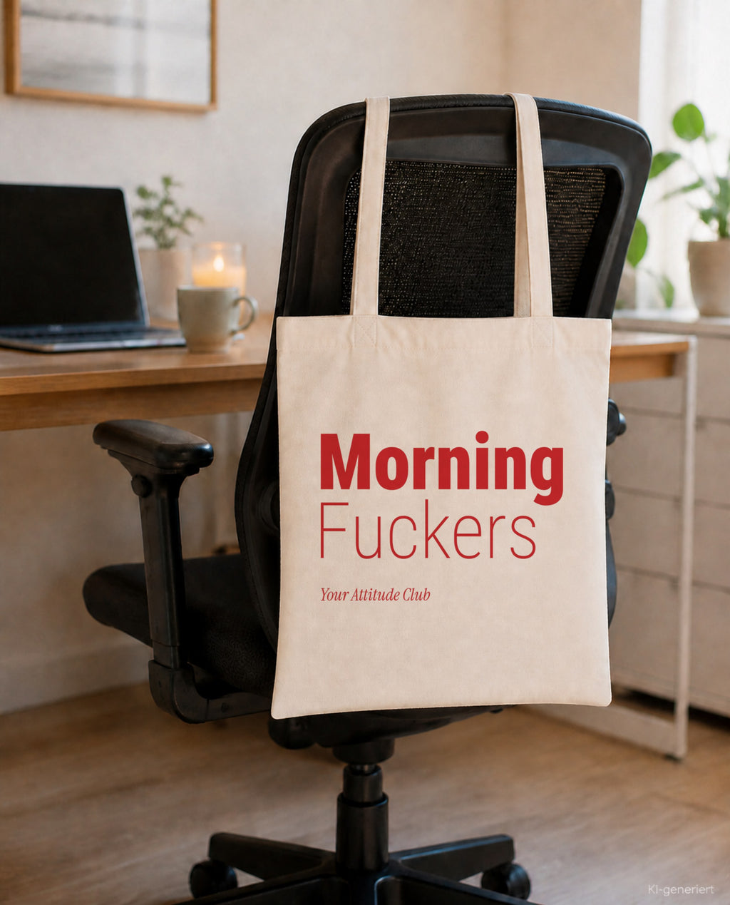 Morning Fuckers – Stoffbeutel mit Spruch natur mit rotem Aufdruck, am Bürostuhl im Büro