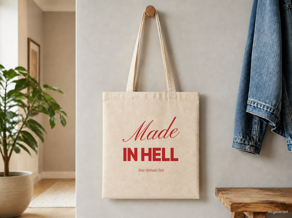 Made In Hell – Stoffbeutel mit Spruch natur mit rotem Aufdruck, Detailansicht