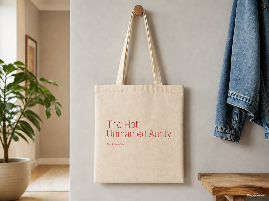 The Hot Unmarried Aunty – Stoffbeutel mit Spruch natur mit rotem Aufdruck, Detailansicht