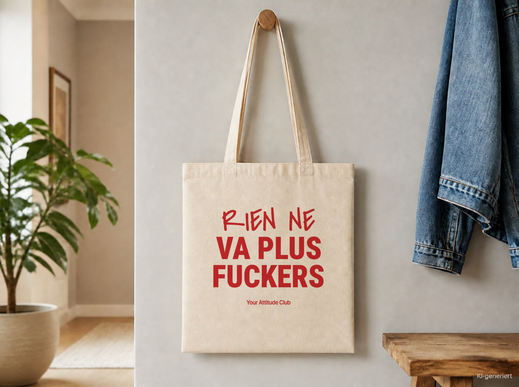 Rien Ne Va Plus Fuckers – Stoffbeutel mit Spruch natur mit rotem Aufdruck, Detailansicht