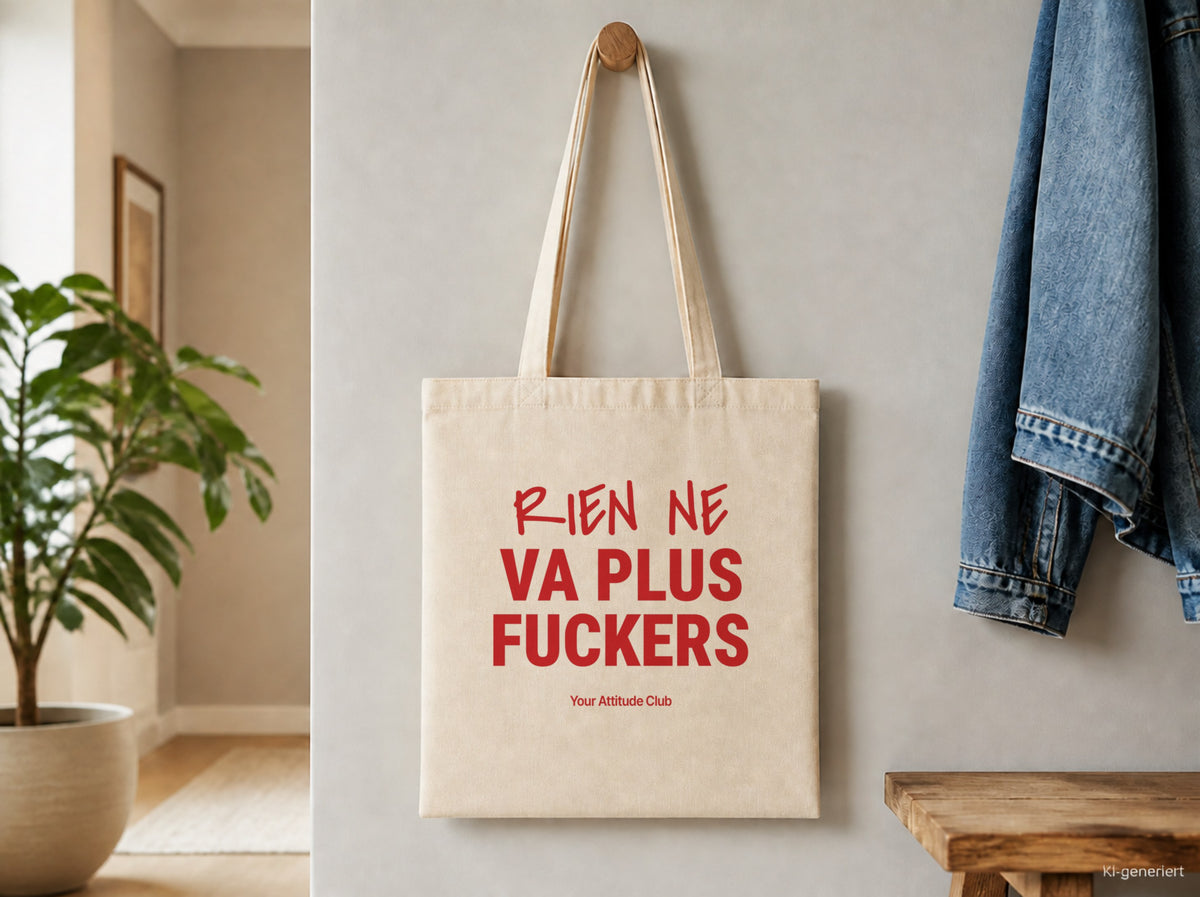 Rien Ne Va Plus Fuckers – Stoffbeutel mit Spruch natur mit rotem Aufdruck, Detailansicht