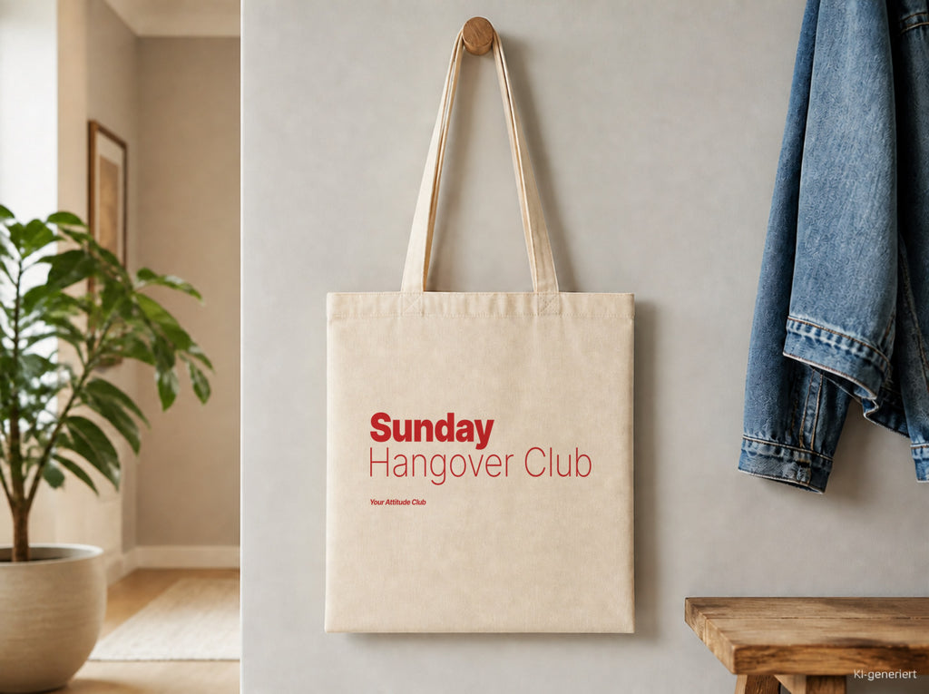 Sunday Hangover Club – Stoffbeutel mit Spruch natur mit rotem Aufdruck, Detailansicht