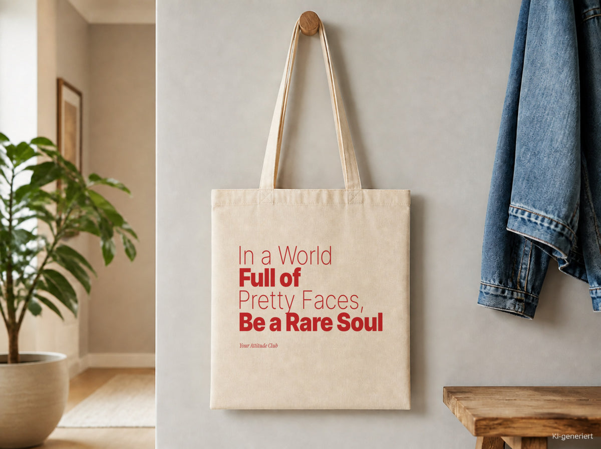 In a World Full of Pretty Faces, Be a Rare Soul – Stoffbeutel mit Spruch natur mit rotem Aufdruck, Detailansicht