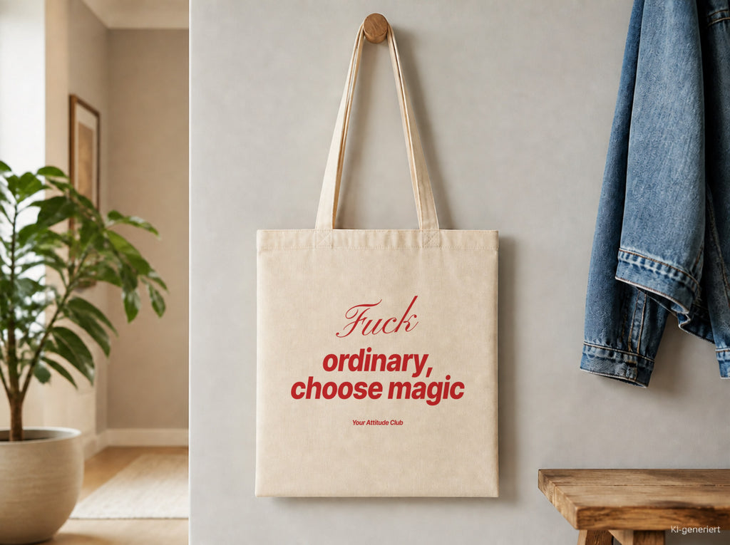 Fuck Ordinary, Choose Magic – Stoffbeutel mit Spruch natur mit rotem Aufdruck, Detailansicht