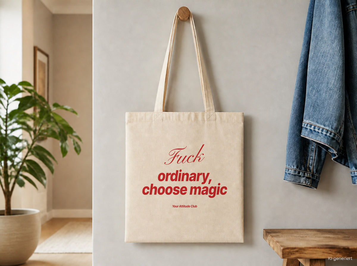Fuck Ordinary, Choose Magic – Stoffbeutel mit Spruch natur mit rotem Aufdruck, Detailansicht