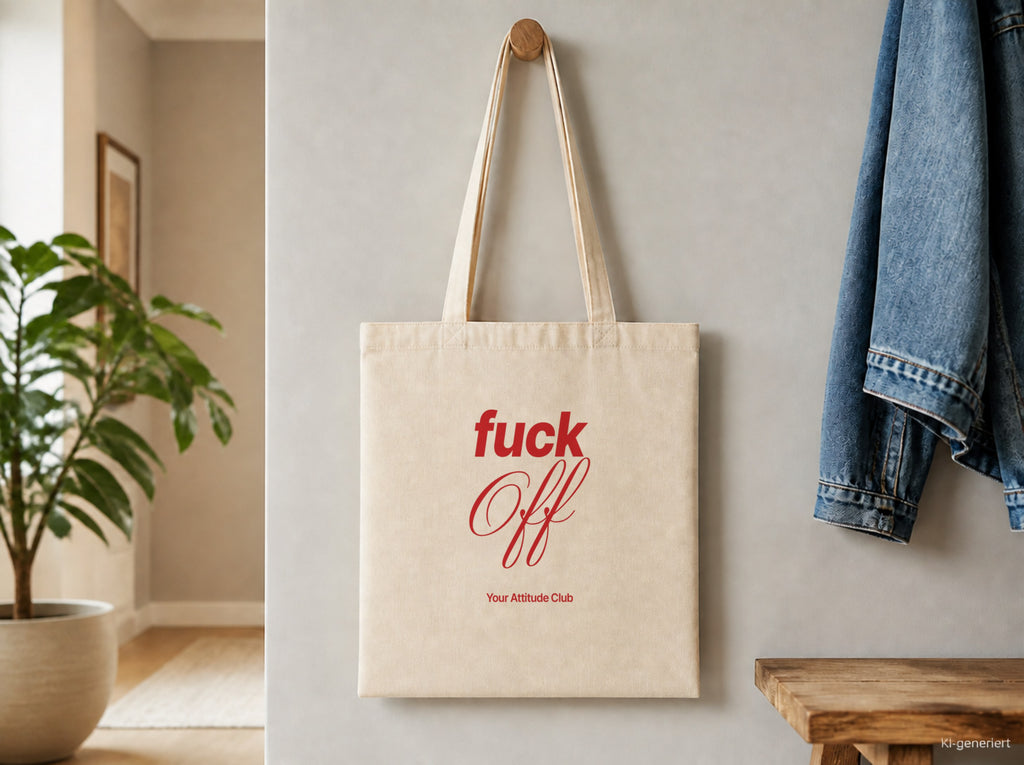 Fuck Off – Stoffbeutel mit Spruch natur mit rotem Aufdruck, Detailansicht