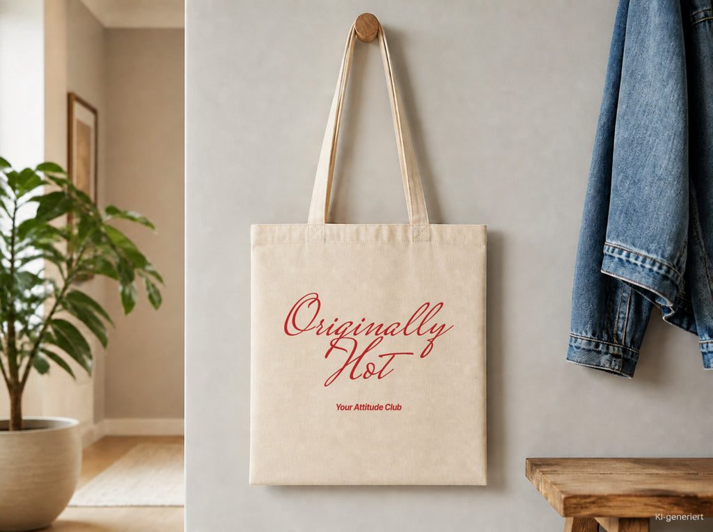Originally Hot – Stoffbeutel mit Spruch natur mit rotem Aufdruck, Detailansicht