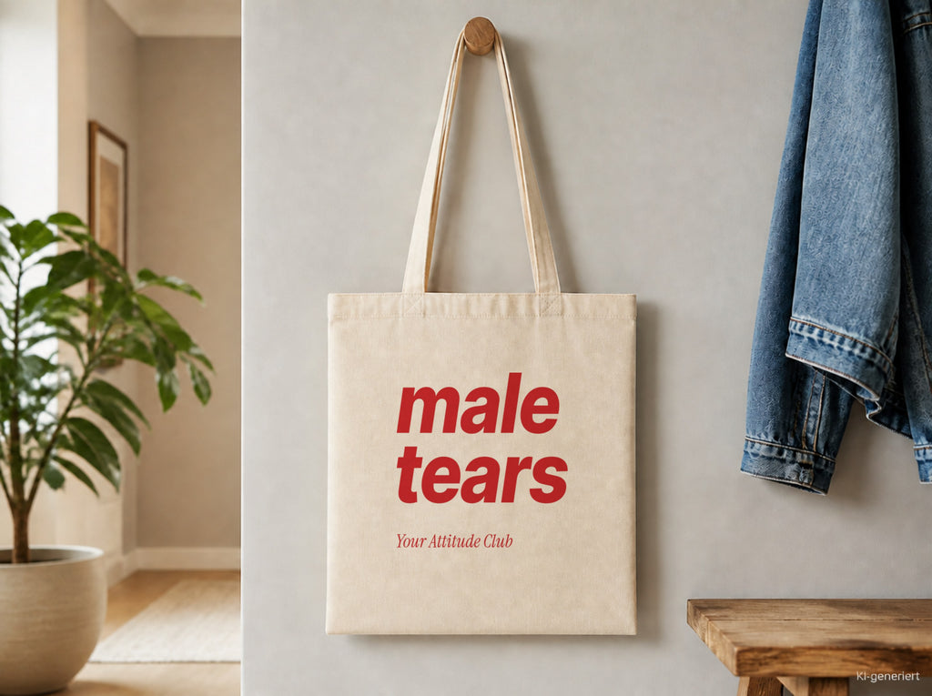 Male Tears – Stoffbeutel mit Spruch natur mit rotem Aufdruck, Detailansicht