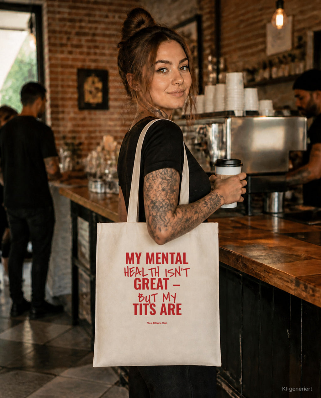 My Mental Health Isn’t Great – But My Tits Are – Stoffbeutel mit Spruch natur mit rotem Aufdruck, im Café mit Kaffee