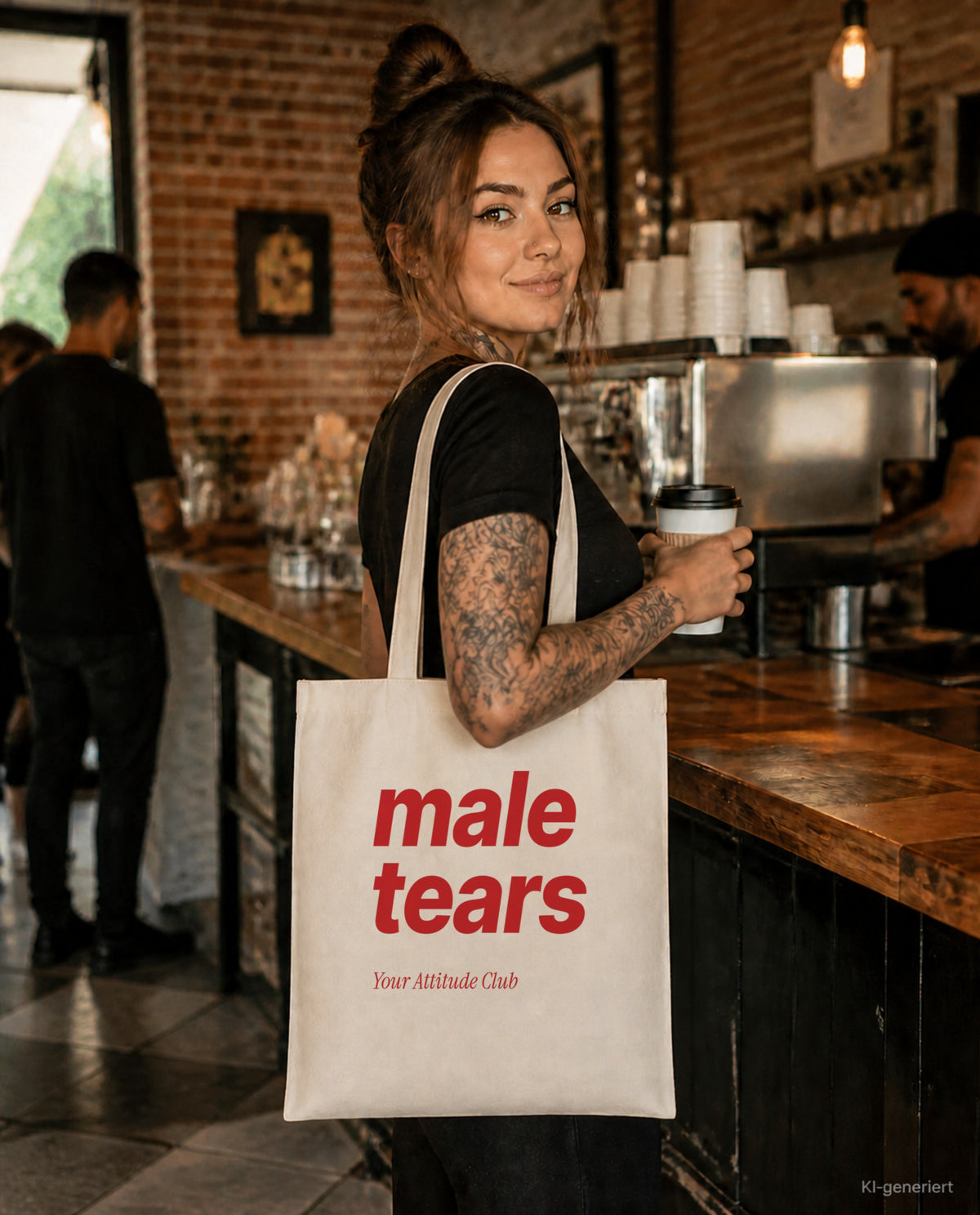 Male Tears – Stoffbeutel mit Spruch natur mit rotem Aufdruck, im Café mit Kaffee
