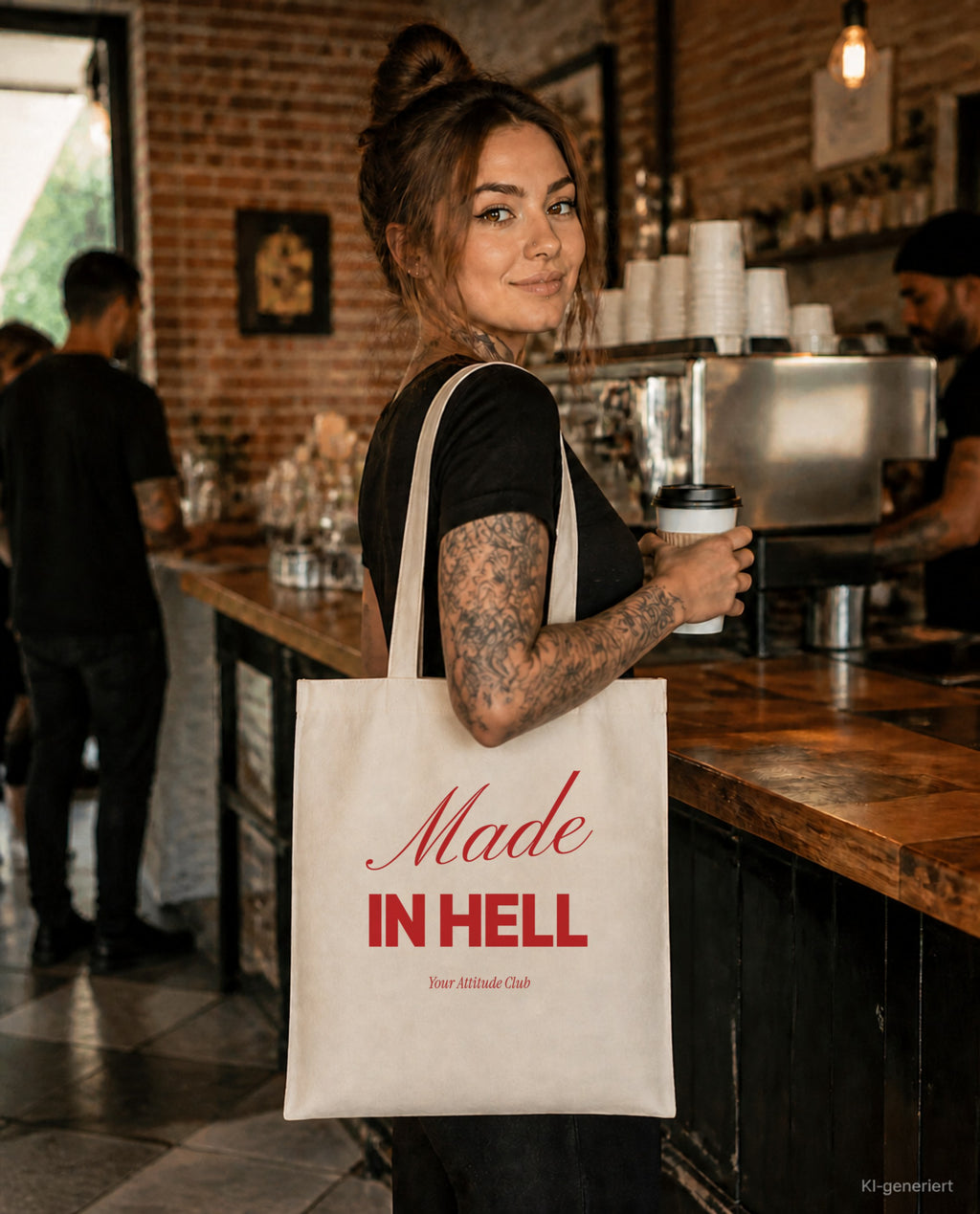 Made In Hell – Stoffbeutel mit Spruch natur mit rotem Aufdruck, im Café mit Kaffee