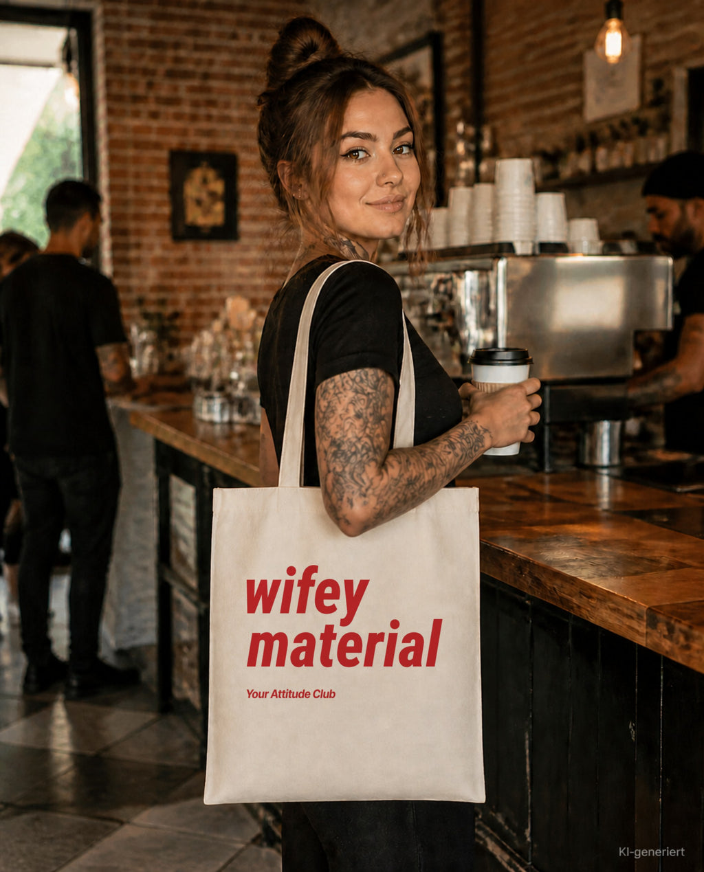 Wifey Material – Stoffbeutel mit Spruch natur mit rotem Aufdruck, im Café mit Kaffee