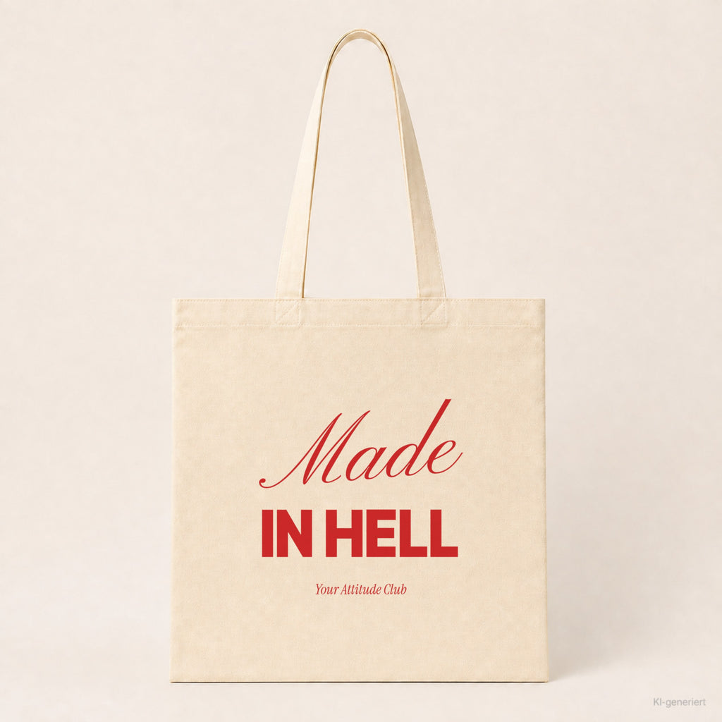 Made In Hell – Stoffbeutel mit Spruch natur mit rotem Aufdruck, Produktansicht