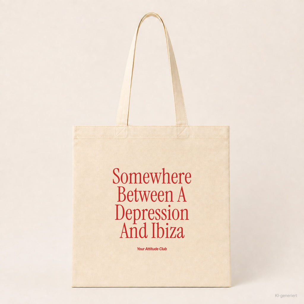Somewhere Between A Depression And Ibiza – Stoffbeutel mit Spruch natur mit rotem Aufdruck, Produktansicht