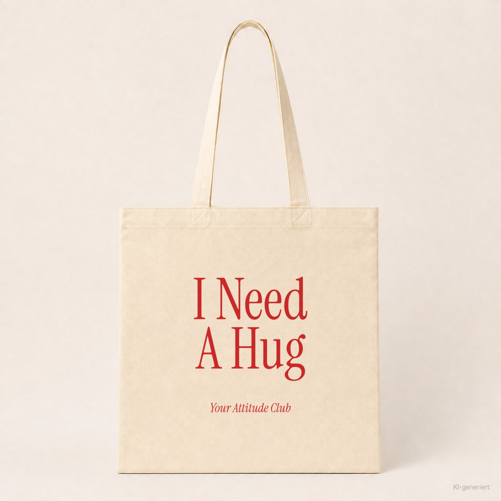 I Need A Hug – Stoffbeutel mit Spruch natur mit rotem Aufdruck, Produktansicht