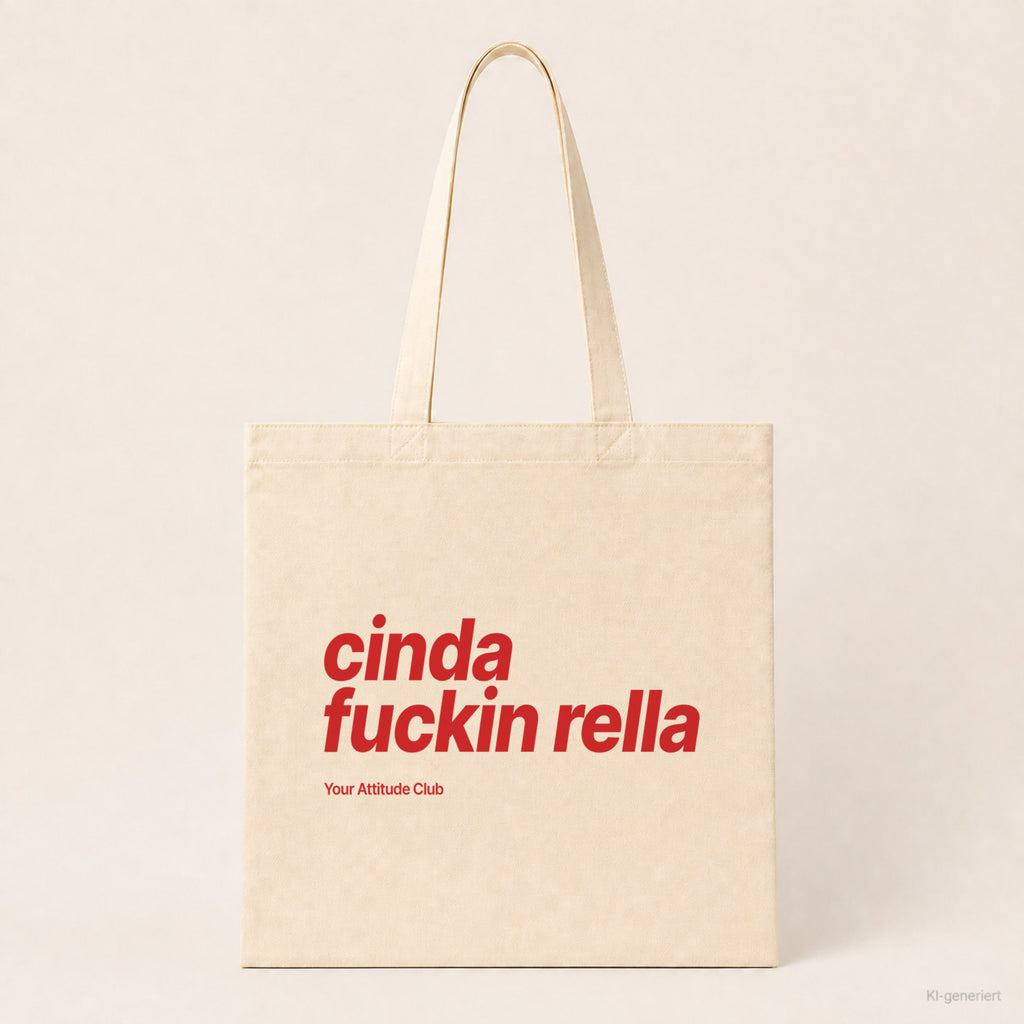 Cinda Fuckin Rella – Stoffbeutel mit Spruch natur mit rotem Aufdruck, Produktansicht