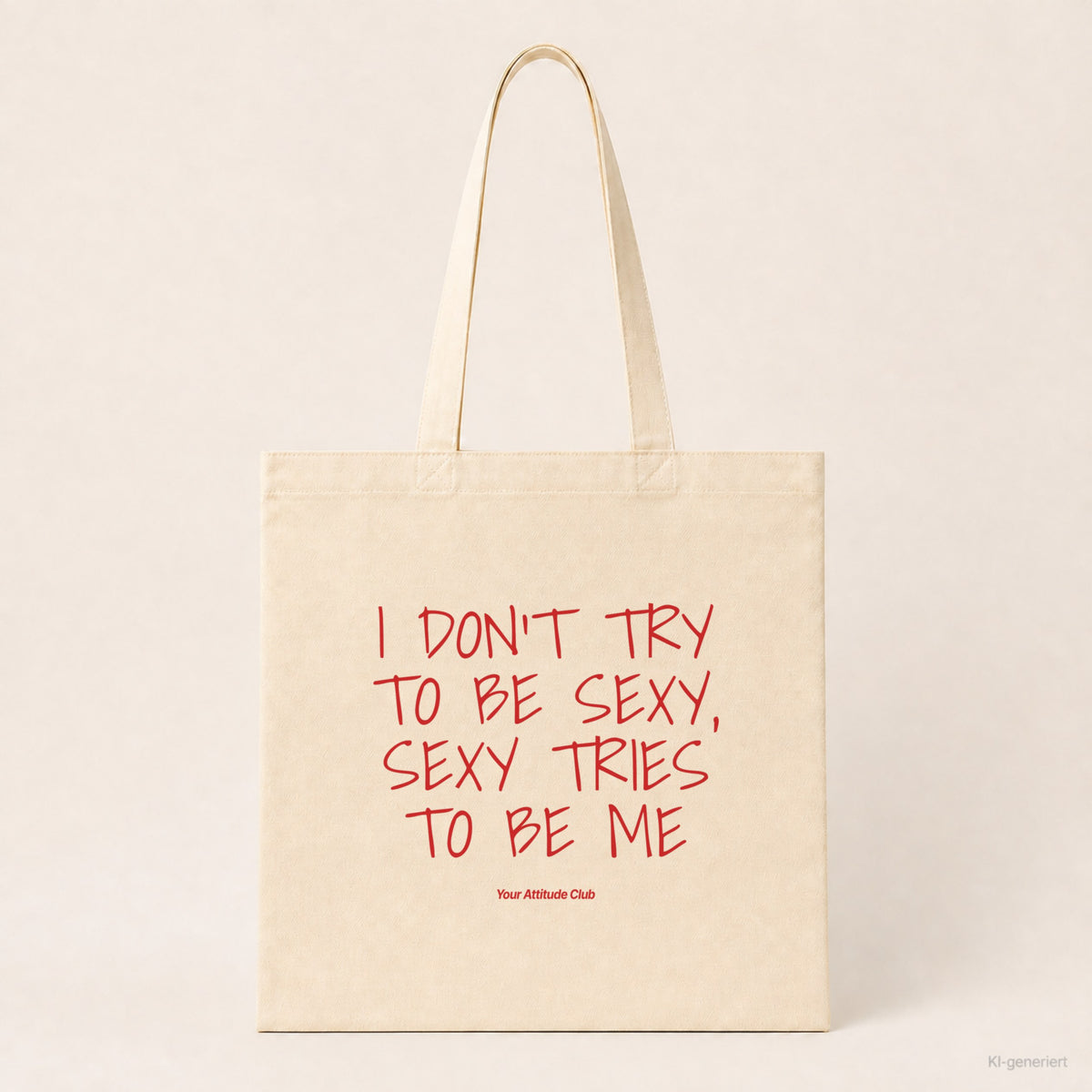 I Don't Try To Be Sexy, Sexy Tries To Be Me – Stoffbeutel mit Spruch natur mit rotem Aufdruck, Produktansicht