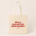 Life is a race and i am lewis hamilton – Stoffbeutel mit Spruch natur mit rotem Aufdruck, Produktansicht