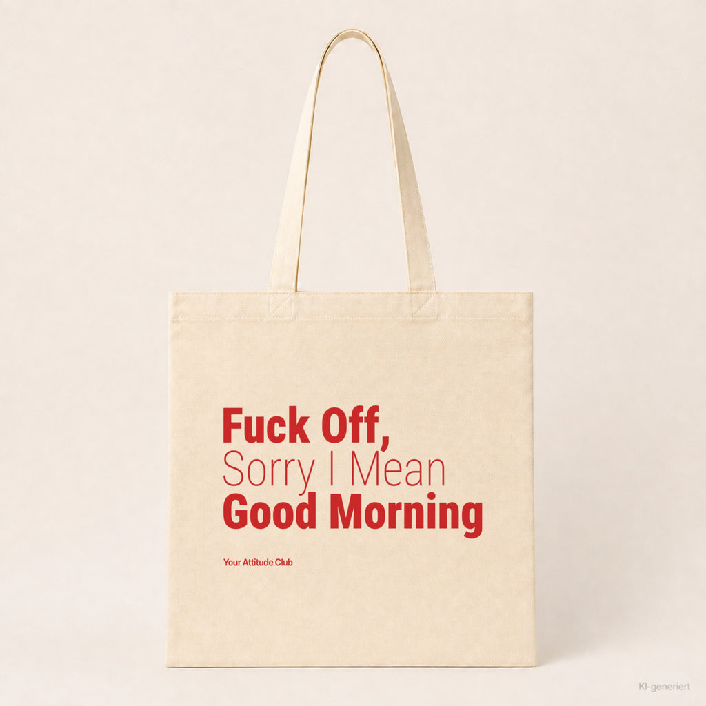 Fuck Off, Sorry I Mean Good Morning – Stoffbeutel mit Spruch natur mit rotem Aufdruck, Produktansicht