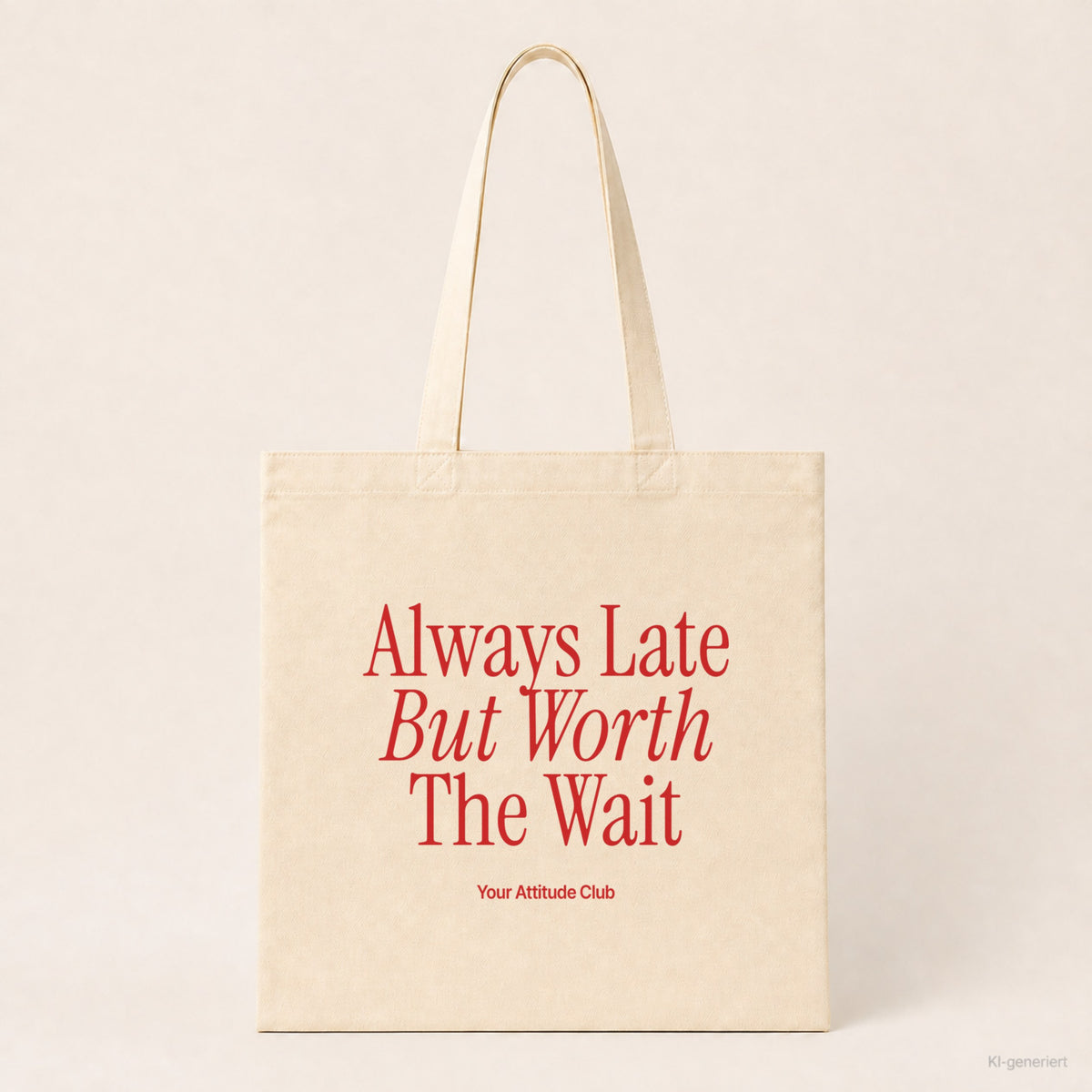 Always Late But Worth The Wait – Stoffbeutel mit Spruch natur mit rotem Aufdruck, Produktansicht