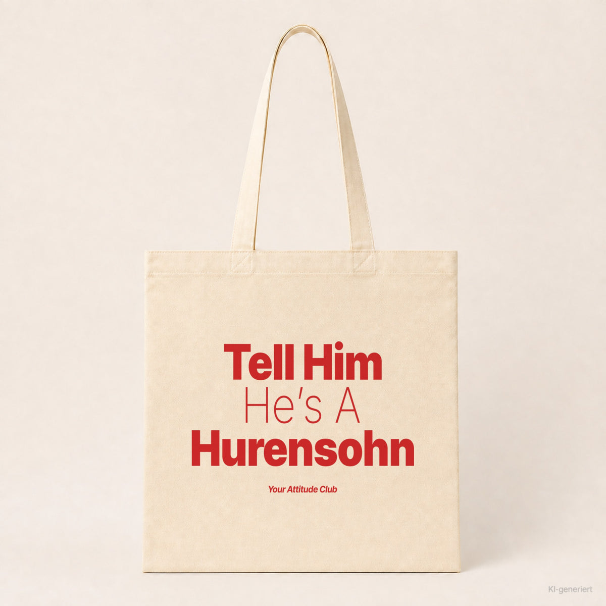 Tell Him He’s A Hurensohn – Stoffbeutel mit Spruch natur mit rotem Aufdruck, Produktansicht