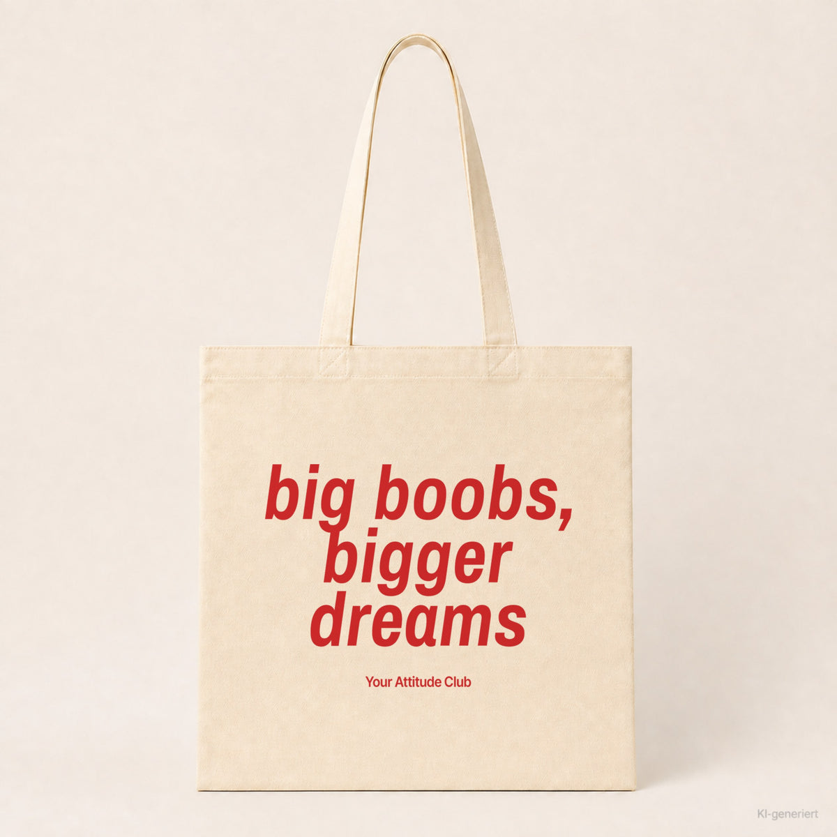 Big Boobs, Bigger Dreams – Stoffbeutel mit Spruch natur mit rotem Aufdruck, Produktansicht