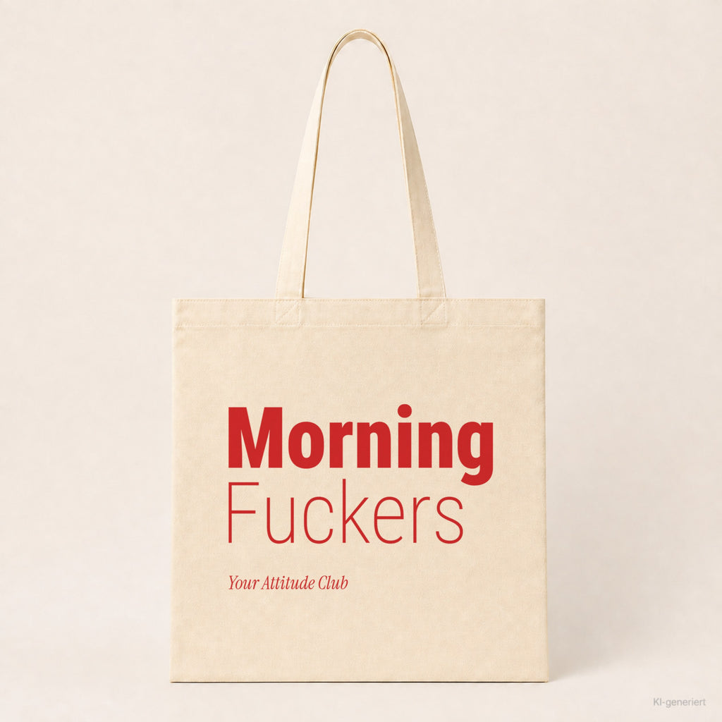 Morning Fuckers – Stoffbeutel mit Spruch natur mit rotem Aufdruck, Produktansicht