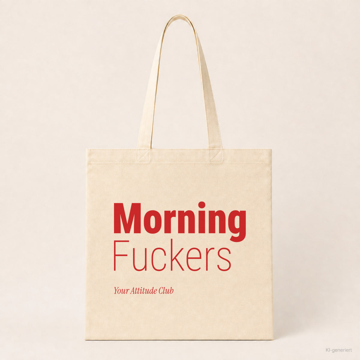 Morning Fuckers – Stoffbeutel mit Spruch natur mit rotem Aufdruck, Produktansicht
