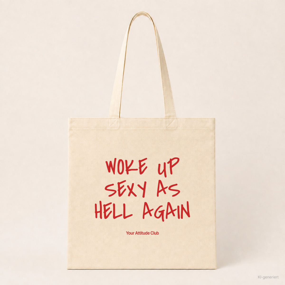 Woke Up Sexy As Hell Again – Stoffbeutel mit Spruch natur mit rotem Aufdruck, Produktansicht
