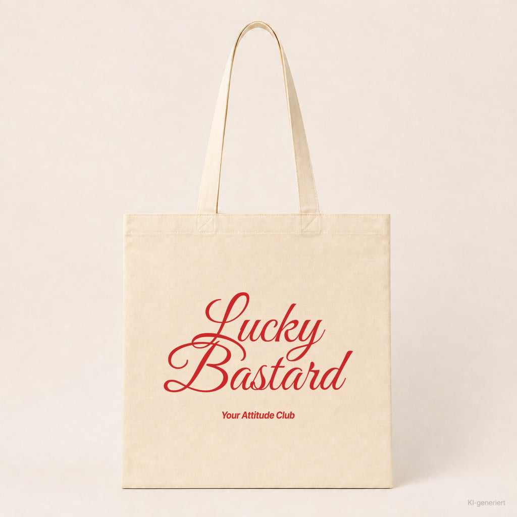 Lucky Bastard – Stoffbeutel mit Spruch natur mit rotem Aufdruck, Produktansicht