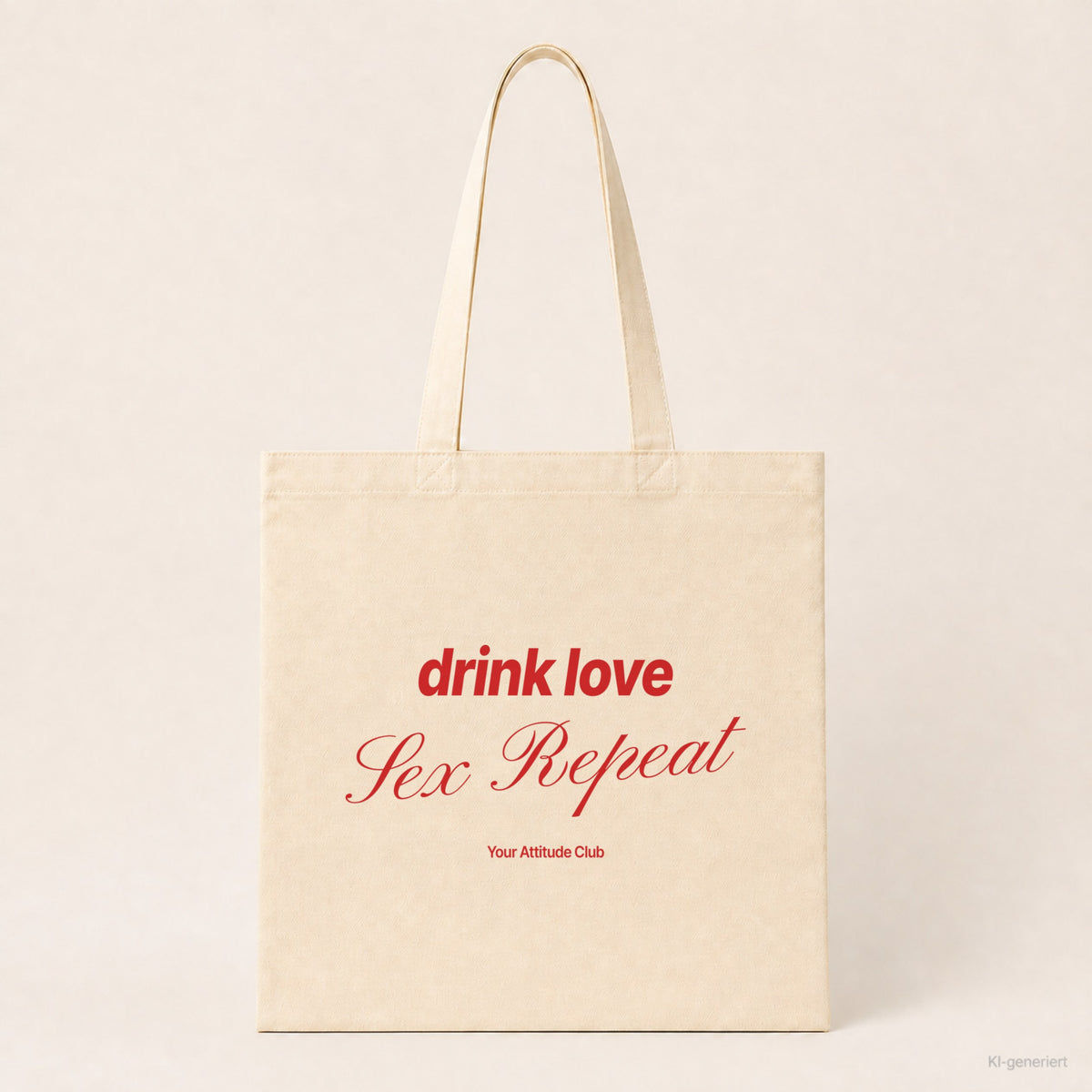 Drink Love Sex Repeat – Stoffbeutel mit Spruch natur mit rotem Aufdruck, Produktansicht