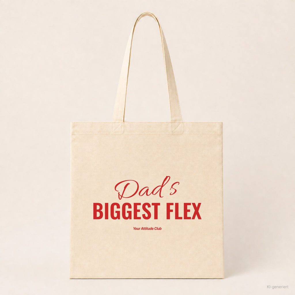 Dad’s Biggest Flex – Stoffbeutel mit Spruch natur mit rotem Aufdruck, Produktansicht