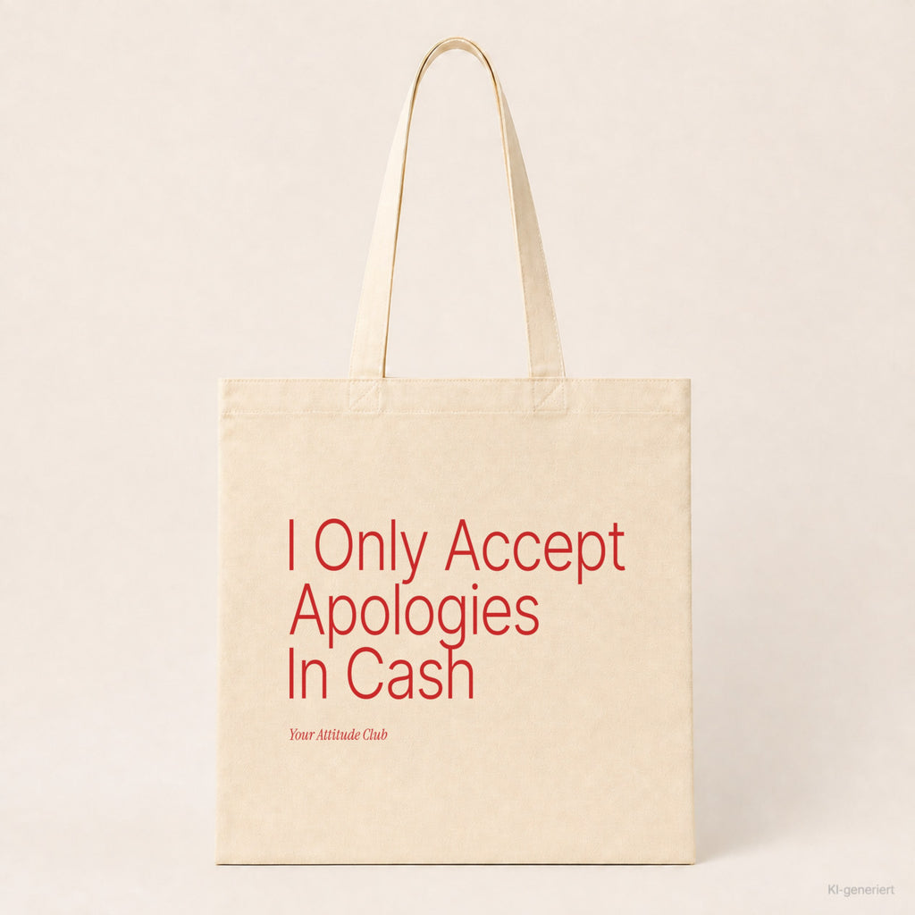 I Only Accept Apologies In Cash – Stoffbeutel mit Spruch natur mit rotem Aufdruck, Produktansicht