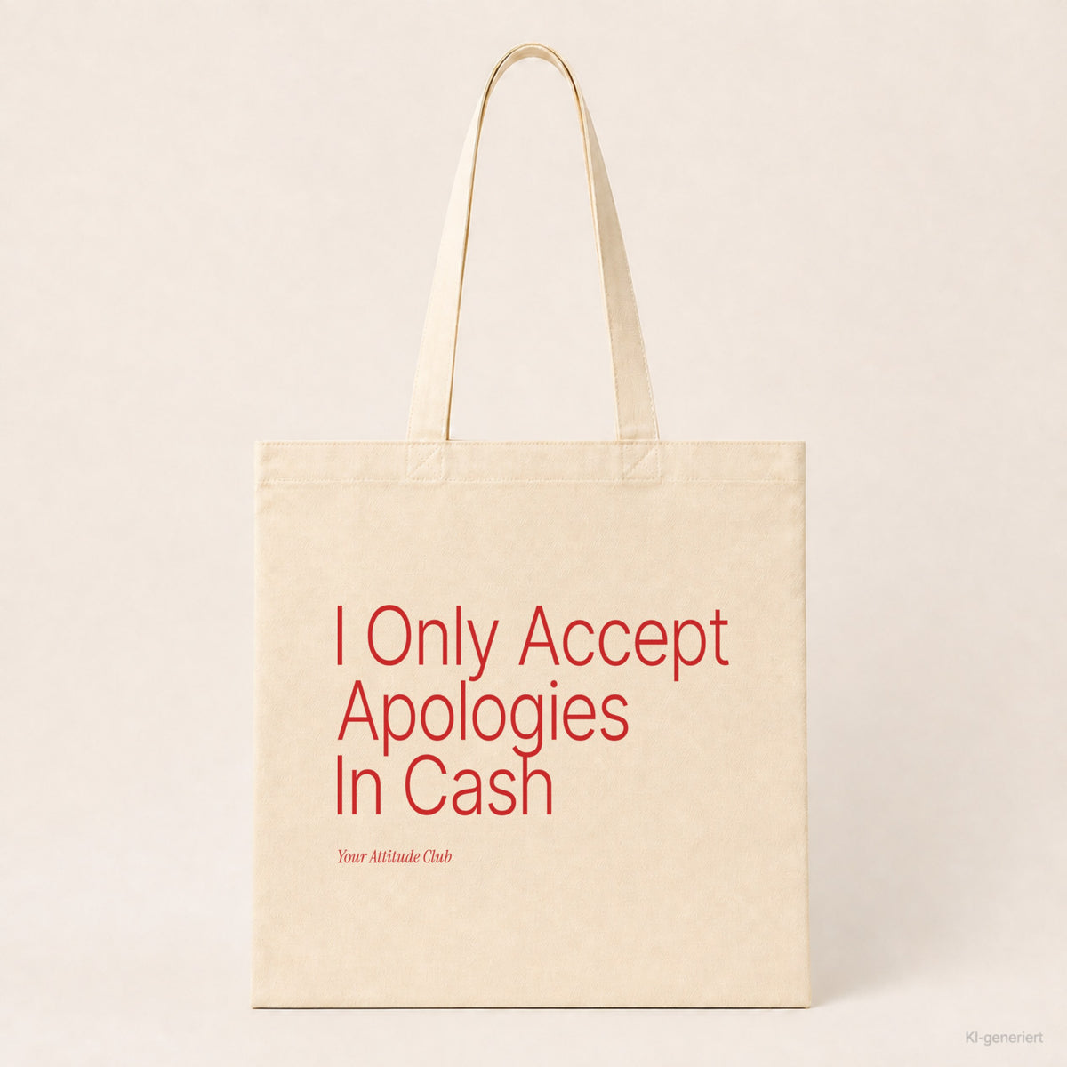 I Only Accept Apologies In Cash – Stoffbeutel mit Spruch natur mit rotem Aufdruck, Produktansicht