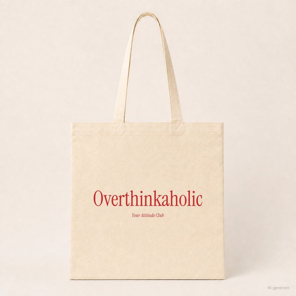 Overthinkaholic – Stoffbeutel mit Spruch natur mit rotem Aufdruck, Produktansicht